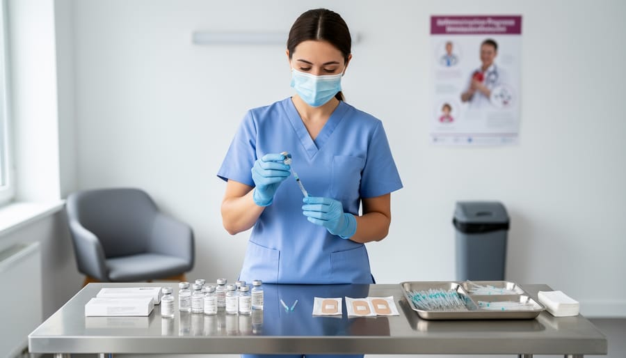 Healthcare worker wearing gloves holds a syringe and vaccine vial in a clinic setting.