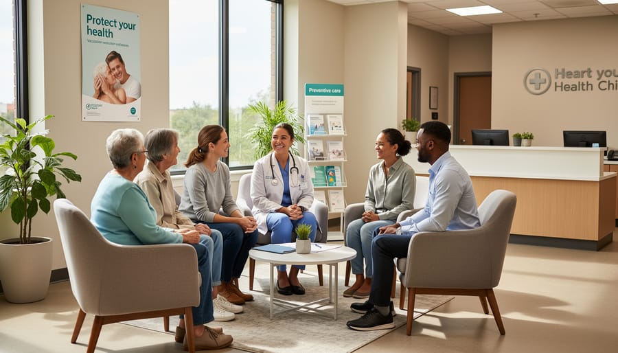 Older adults and adults sitting in a bright clinic lobby in a calm, waiting-room setting.