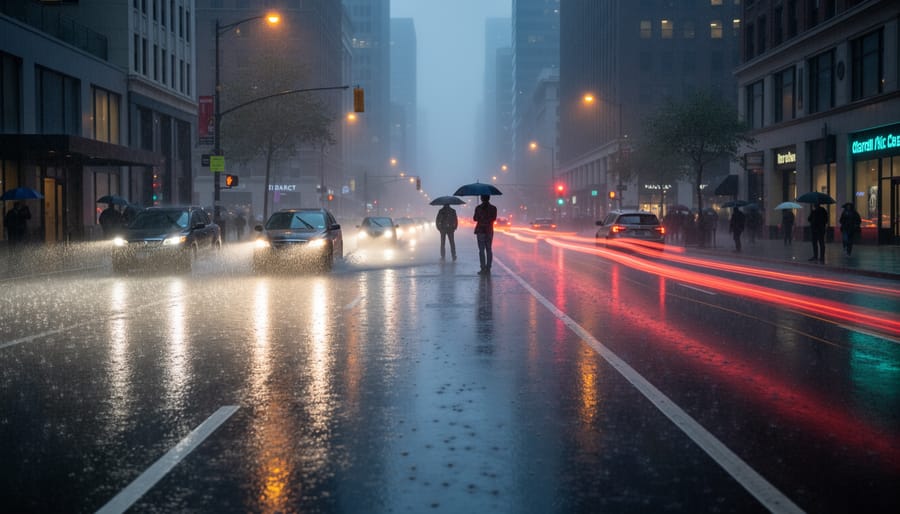 Distant emergency vehicle parked on rain-slick street at night