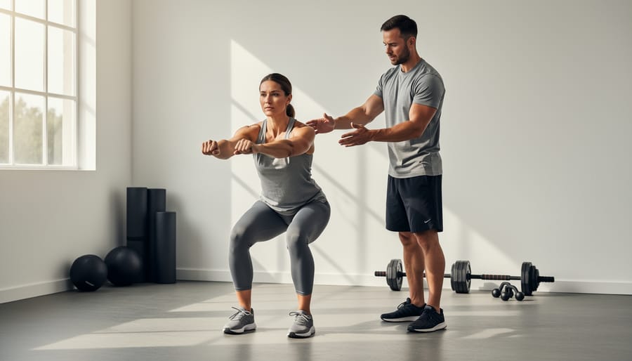 Man tying shoelaces next to dumbbells in a minimalist gym