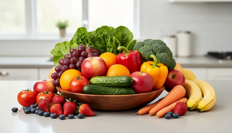 Colorful bowl of fresh berries, citrus slices, leafy greens, and carrots on a kitchen counter.