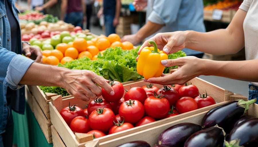 Person’s hands selecting fresh leafy greens and beets from a wooden produce crate at a farmer’s market.