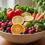 Colorful assortment of fresh fruits and vegetables in a bowl, including leafy greens, berries, citrus, carrots, and broccoli on a wooden surface.