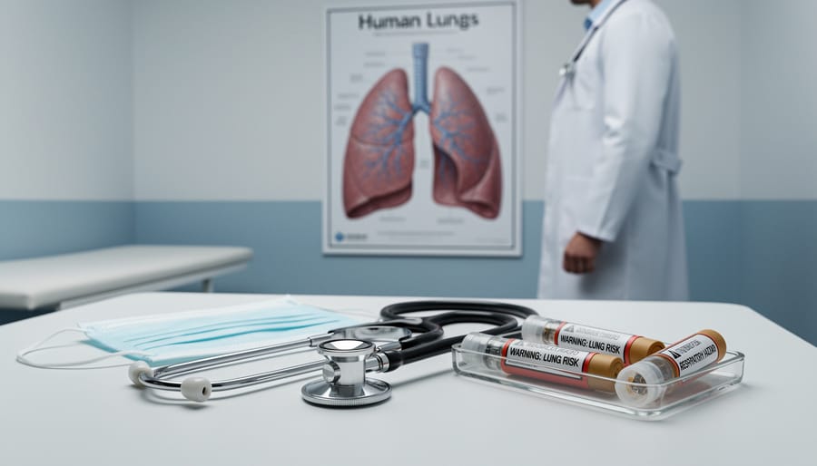 Stethoscope on an exam table in a hospital corridor setting with medical staff blurred in the background.