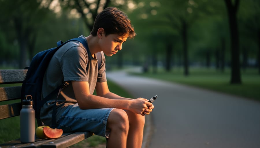 Teen sitting on a bedroom floor with a vape-related case placed nearby, looking down in reflective light.