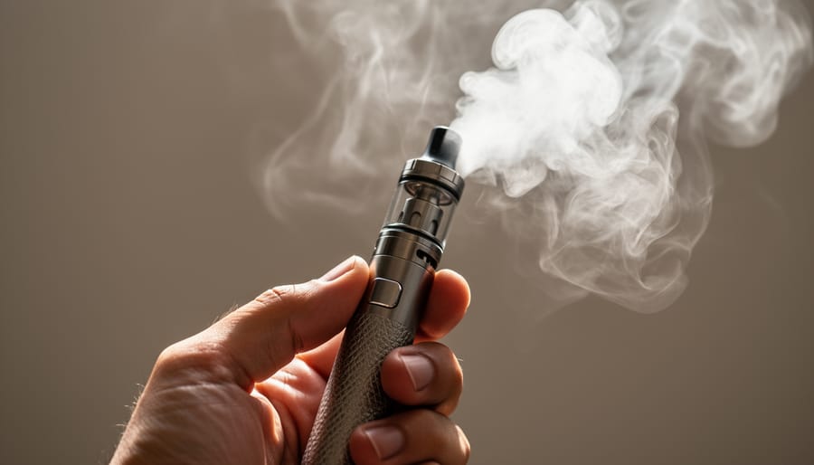 Close-up of a hand holding an e-cigarette with vapor rising into soft light.