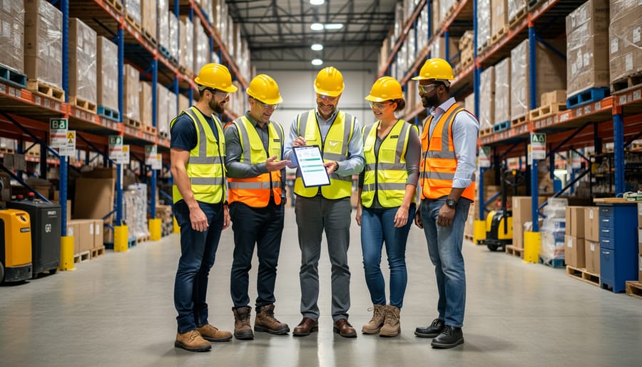 Safety officer and worker in high-visibility gear in a warehouse with clean aisles and safety-focused environment