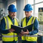 Employer and worker wearing hard hats and hi-vis vests reviewing a safety policy binder in a modern workplace.