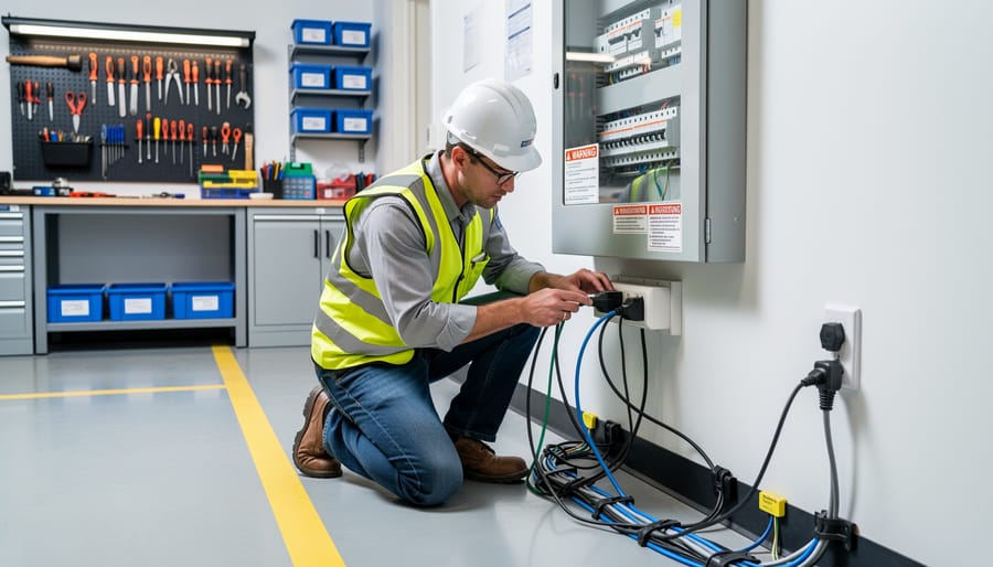Gloved hands inspecting a workstation power outlet and cable tray as part of hazard checks
