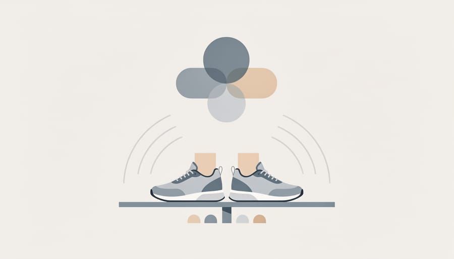 Close-up of sneakers stepping over a balance cushion on a gym floor