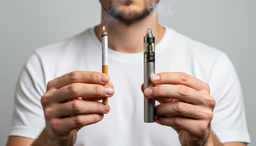Close-up of a person holding a lit cigarette and an e-cigarette device, with smoke and faint vapor visible.
