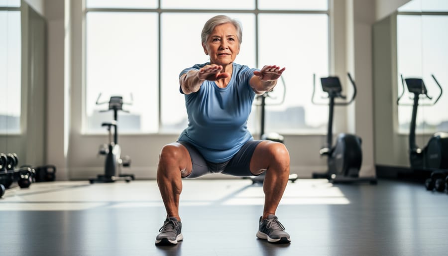 Person performing a controlled bodyweight squat in a bright living room