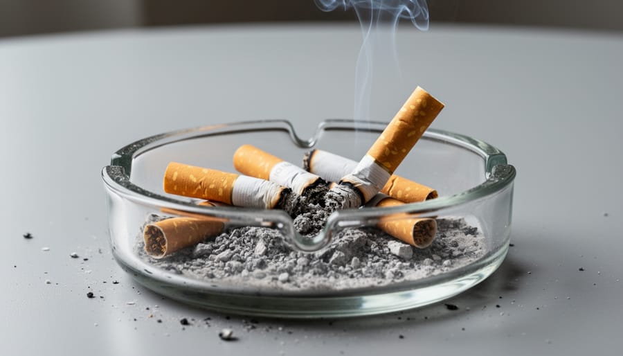 Extinguished cigarettes and ash in a metal ashtray on a kitchen countertop.