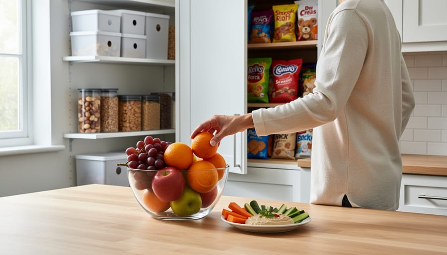 Kitchen scene showing snacks and sweets stored away while fresh ingredients are organized and visible