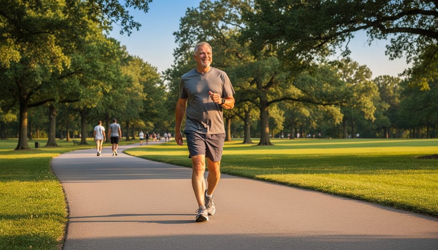 Older adult briskly walking on a park path at dawn