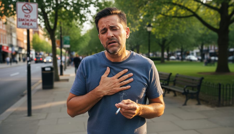 Person walking outdoors holding their chest with a softly blurred street background.