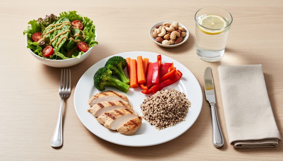 Balanced dinner plate with vegetables, lean protein, and a modest serving of grains on a wooden table