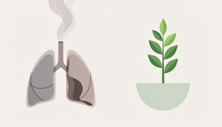 Conceptual image of two glass jars, one with smoke-like wisps and one with cleaner vapor, with a green plant sprig reaching toward the cleaner side.